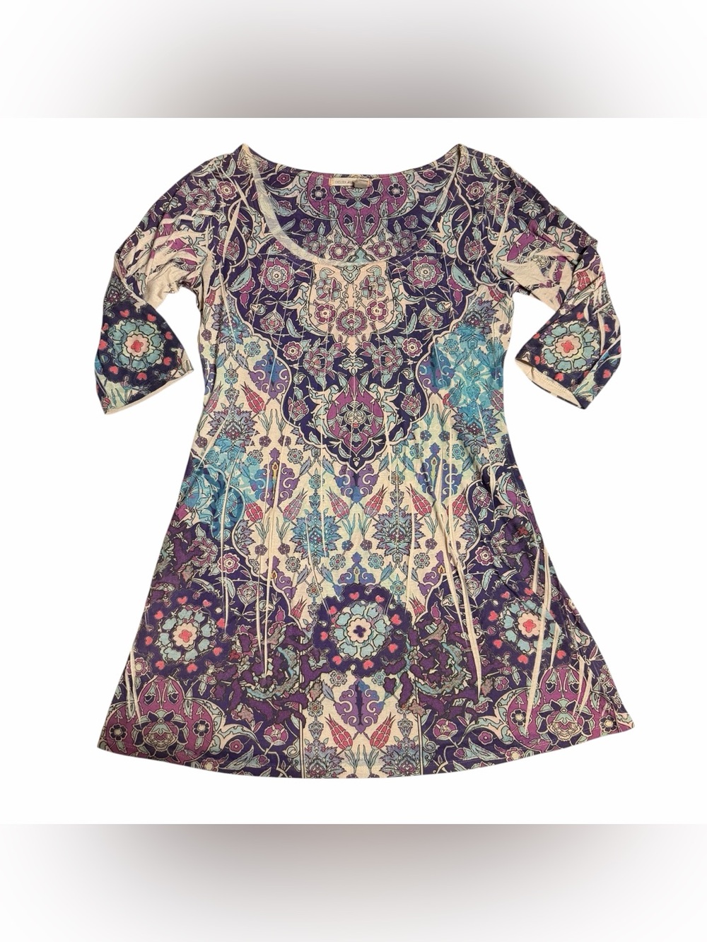 Chelsea & Violet Purple Mosaic Mandala Tunic Mini Dress 3/4 Sleeve Medium